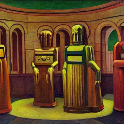 Prompt: robot druids in a grandiose atrium, grant wood, pj crook, edward hopper, oil on canvas