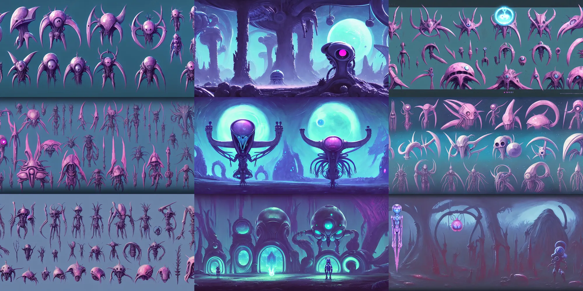 Prompt: game asset occult, scifi ori alien game assets concept props, ghibli style, h. r giger, in gouache detailed paintings, props, stylized, 2 d sprites, kitbash, nature, organic, ivy, arcane, overwatch, blue and pink color scheme, 8 k, close up