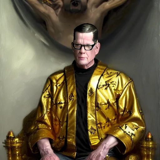 Image similar to perfectly centered portrait of hank hill in gold gothic robe sitting on a throne of black bones, highly detailed painting by gaston bussiere, craig mullins, j. c. leyendecker, 8 k, mid shot