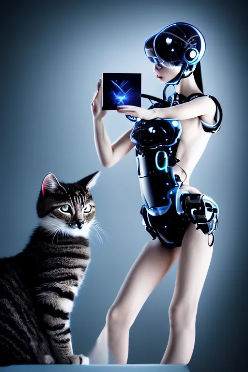 Prompt: cybernetic high tech girl with real cat on her head, sci - fi, cyberpunk, futurism, exoskeleton, strong artificial intelligence, symmetry, cinematic, elegant, luxury, professional studio light, perfect composition, dlsr photography, sharp focus, 8 k, ultra hd, sense of awe, highly detailed, hyper realistic, intricate, science journal cover