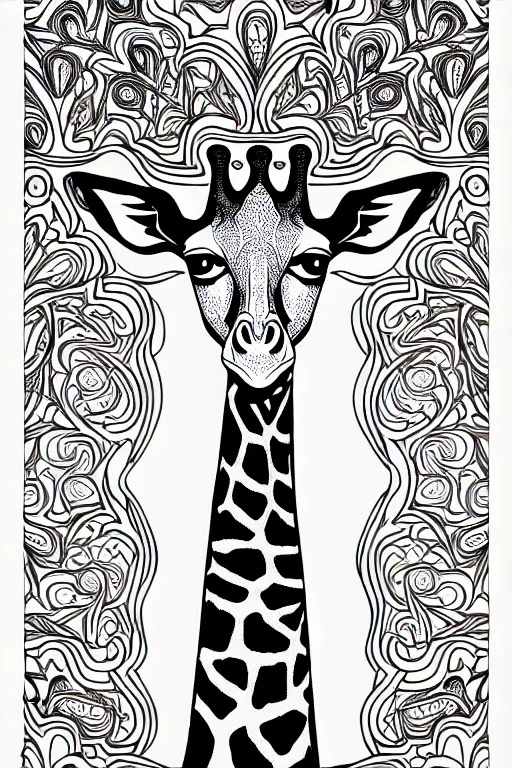 Prompt: giraffe ornate luxury fractal ink drawing line art colouring page, vector, margins, fine lines, centered