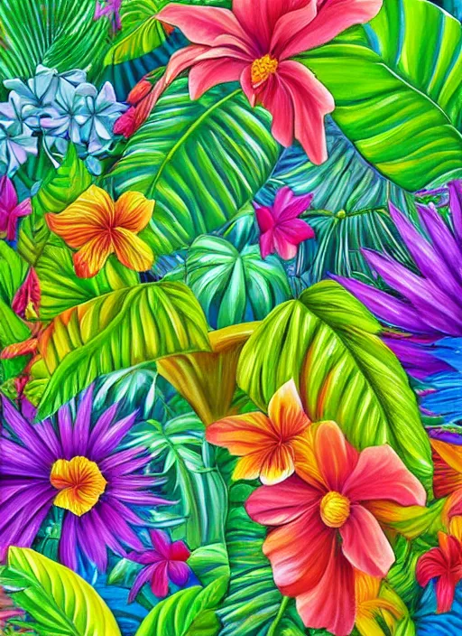 Prompt: a painting of tropical plants and flowers by lisa frank, airbrush art, digital painting