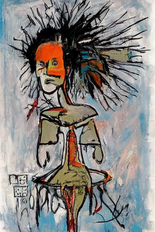 Image similar to a woman inside of an empty light bulb. the woman has wings. by basquiat