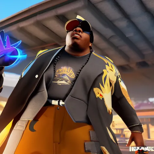 Image similar to biggie smalls as a overwatch hero, ingame, 4 k, clear focus, detailed,