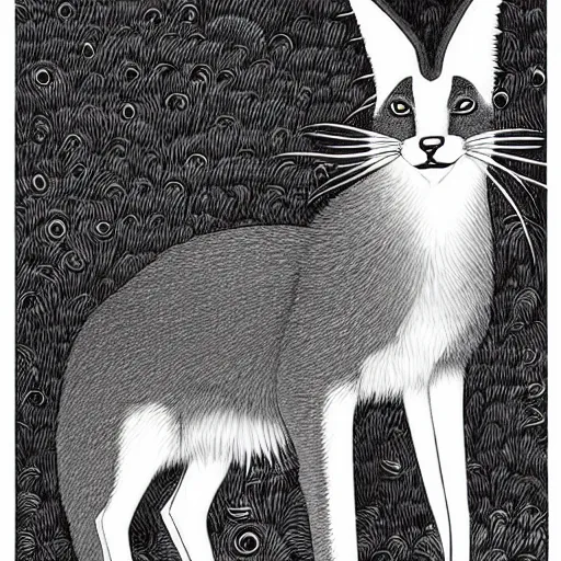 Image similar to black and white illustration, creative design, cute fluffy caracal, by junji ito