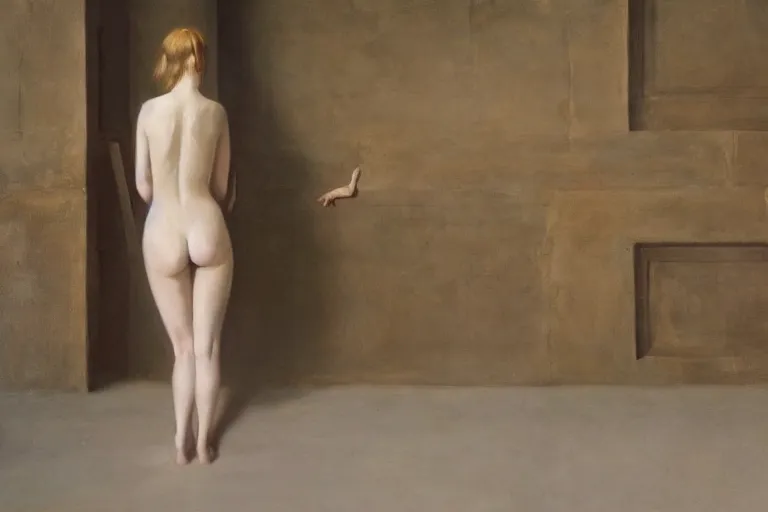 Prompt: hyperrealism, long view of woman stands in front of wall with thousand painting, pale skin, in style of classicism