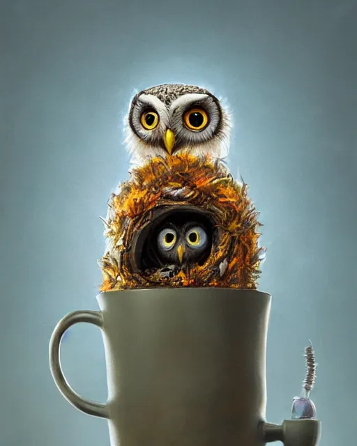 Image similar to long shot of a very cute owl chick nesting in a futuristic mug, esao andrews, humorous illustration, hyperrealistic, big depth of field, warm colors, night scenery, low light, 3 d octane render, 4 k, concept art, hyperdetailed, hyperrealistic, trending on artstation