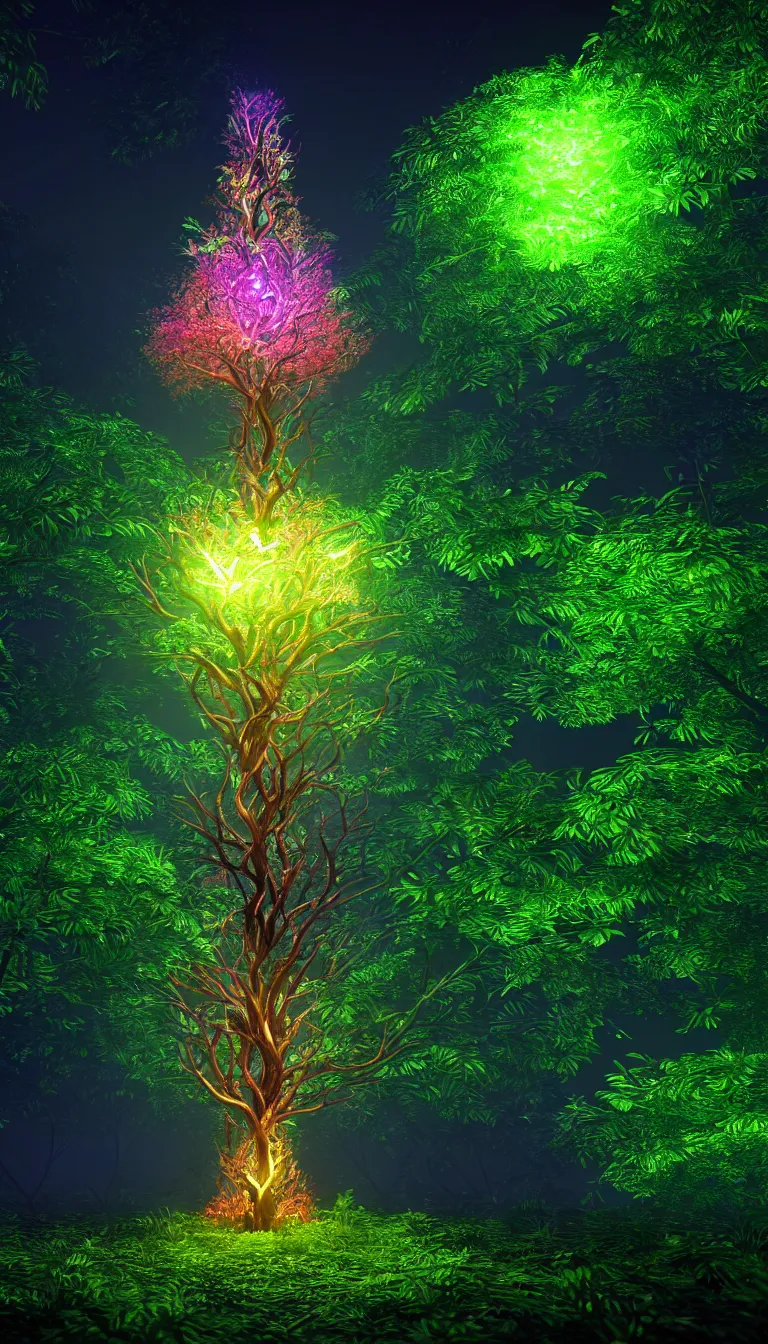 Prompt: highly detailed photo of futuristic tree having glowing fruits in the middle of dark jungle in the style of Greg Rutswoski, hyper realistic, wide angle shot, concept art, 8K detail post-processing