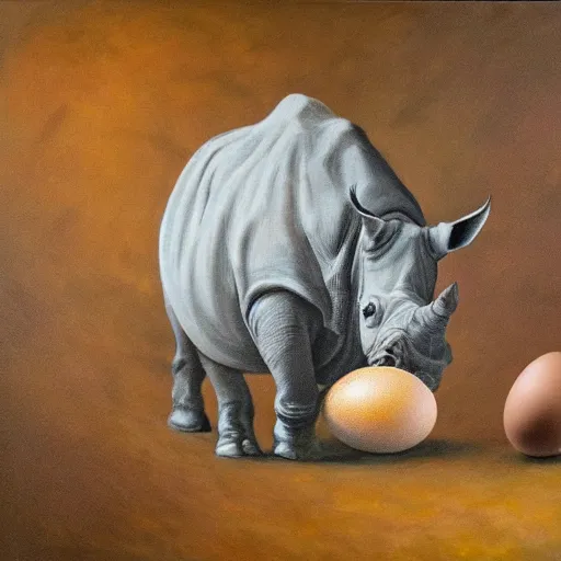 Prompt: oil on canvas of, rhinoceros hatching from an egg in hawaii