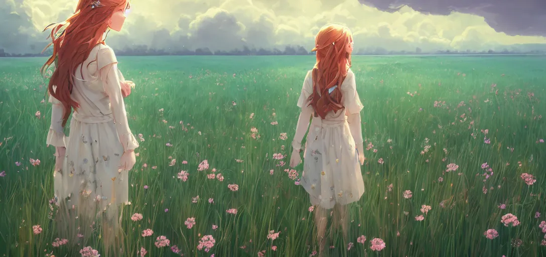 Prompt: a beautiful southern woman named Savannah, innocent, sad turquoise eyes, freckles, long ginger hair tied with white ribbon, relaxed in a field of flowers on a farm, gentle lighting, storm in the distance, somber, western clothing, dress, digital art by Makoto Shinkai ilya kuvshinov and Wojtek Fus, digital art, concept art,