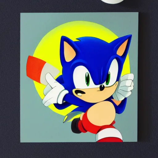 Prompt: a stylized, flat cel watercolor of Sonic the Hedgehog, ghibli, 4K, gorgeous lighting, soft pastels