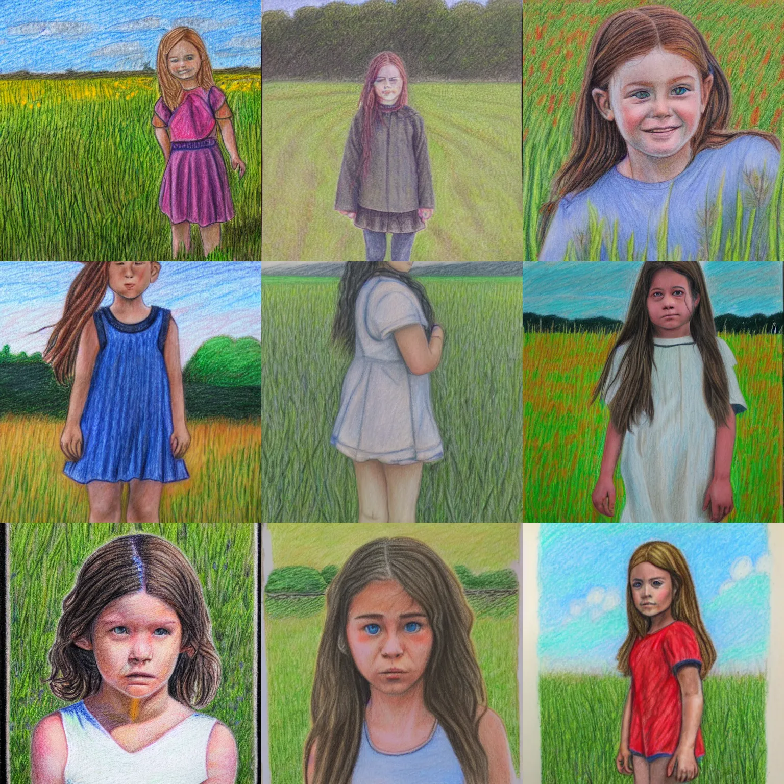 Prompt: offhand portrait colored pencil drawing of girl standing in field looking at camera.