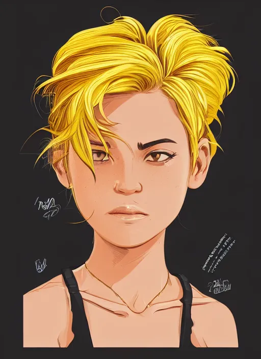 Prompt: character portrait of a cool latina girl with golden yellow messy hair, 2 8 7 hairstyle, wearing a tanktop, lesbian, highly detailed, stylized, medium shot, vector line art, clean cel shaded vector art, by ross tron, lois van baarle, artgerm, helen huang, makoto shinkai, ilya kuvshinov, rossdraws