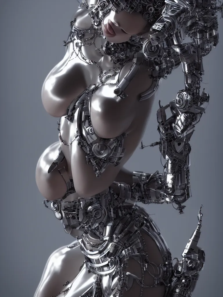 Prompt: a centered render of an alluring cyborg goddess, full body, gorgeous face, perfect face, powerful, by viktoria gavrilenko, 3 d, trending on artstation, octane render, 8 k