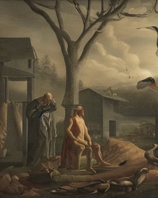 Image similar to turning and turning in the widening gyre, the falcon cannot hear the falconer, in the style of gregory crewdson, dark and moody