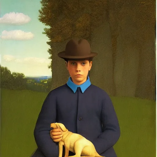 Prompt: a boy and his dog by Raphael, Hopper, and Rene Magritte. detailed, romantic, enchanting, trending on artstation.