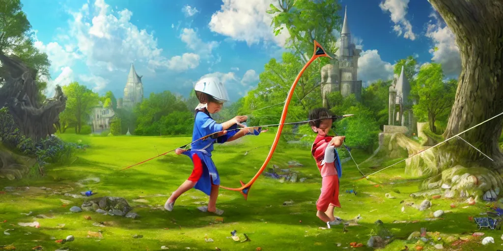 Prompt: a young boy practicing archery in the backyard of a castle, illustration digital art, matte painting, vivid colors, flat colors, cinematic, surreal, wide angle, made by chiho aoshima, trending on artstation, detailed