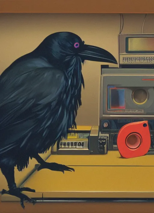 Image similar to a raven digging through 8 0 s era technology, vintage shapes, retro technology, happy color, wayne barlow, oil on canvas, deep depth of field, masterpiece, cinematic composition, hyperdetailed