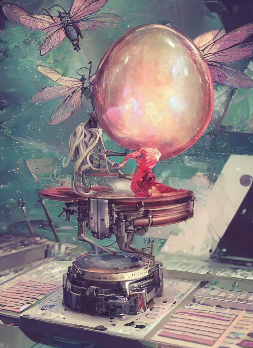 Prompt: surreal gouache painting, by yoshitaka amano, by ruan jia, by Conrad roset, by good smile company, detailed anime 3d render of transparent resin egg with a magical dragonfly inside. Surrounded by a big DJ Mixer, deck, portrait, cgsociety, artstation, rococo mechanical and Digital and electronic, dieselpunk atmosphere