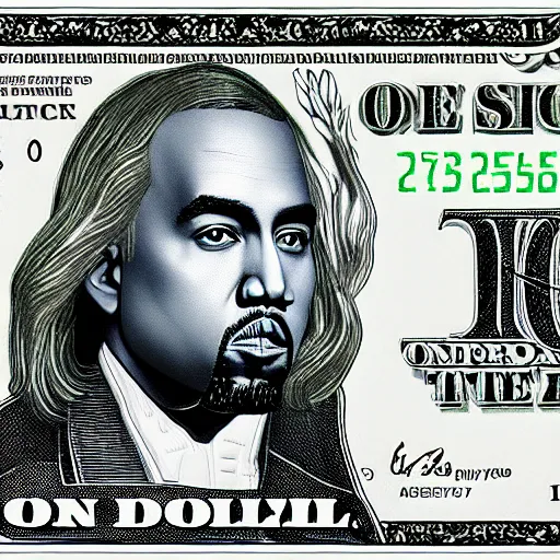 Prompt: dollar bill with Kanye West face inside