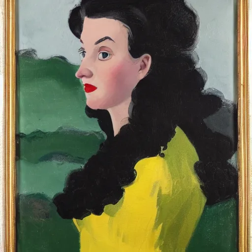 Image similar to a close up of a young woman from the fifties, seated in front of a landscape background, her black hair is a long curly, she wears a dark green dress, pleated in the front with yellow sleeves, puts her right hand on her left hand, oil painting