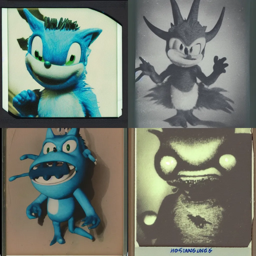 Prompt: instax polaroid film still of a sonic the hedgehog blue swamp creature with fangs and claws, faded glow, creepypasta