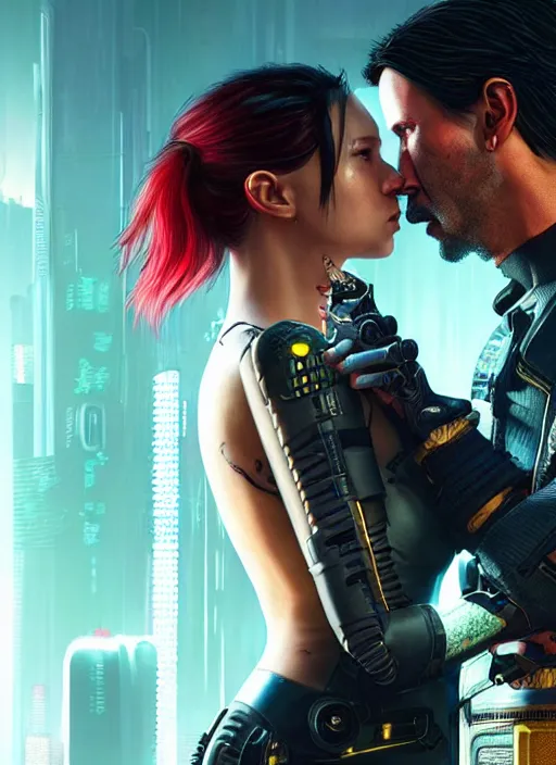 Image similar to a cyberpunk 2077 couple portrait of a Keanu Reeves as johnny silverhand and a female android in final kiss,love,fantasy, intricate, elegant,by Alex Horley,Heather Theurer,aaron horkey,Greg Rutkowski,artstation,deviantart,FAN ART,Digital painting,face enhance,highly detailed,8K,octane,golden ratio,cinematic lighting