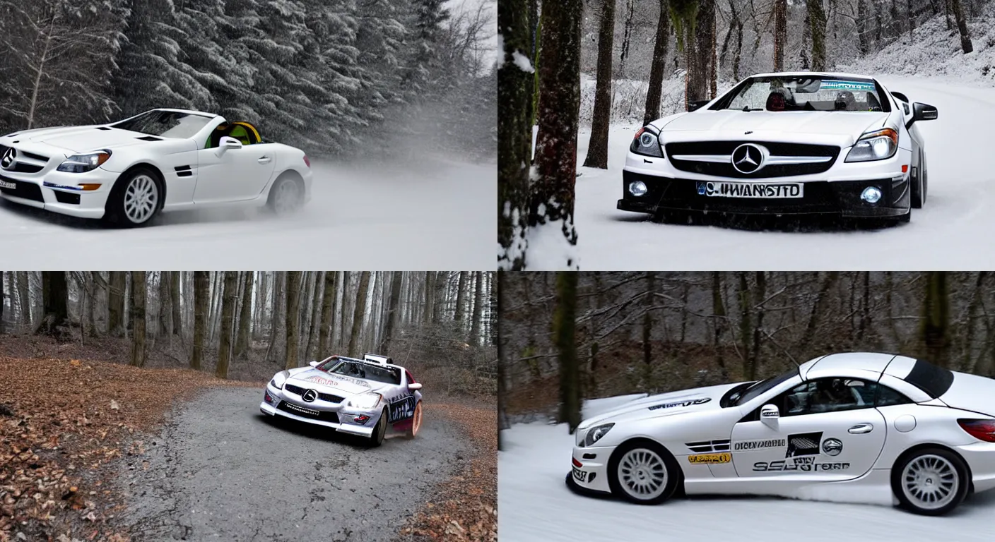 Prompt: a 2 0 1 2 mercedes - benz slk 5 5 amg, racing through a rally stage in a snowy forest