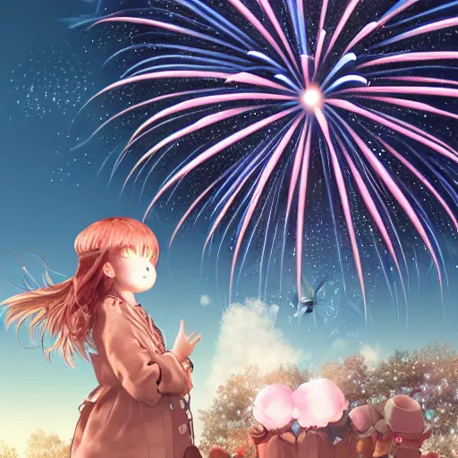 Image similar to girl watching watching fireworks on a hill, digital art, by range murata, akiyuki shinbou, highly detailed, realistic, cinematic, bold colours, photorealism, 4 k