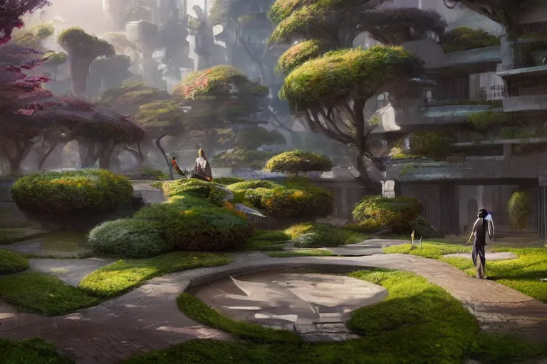 Prompt: Brutalist Shiro surrounded by manicured gardens, amazing cinematic concept painting, by Jessica Rossier