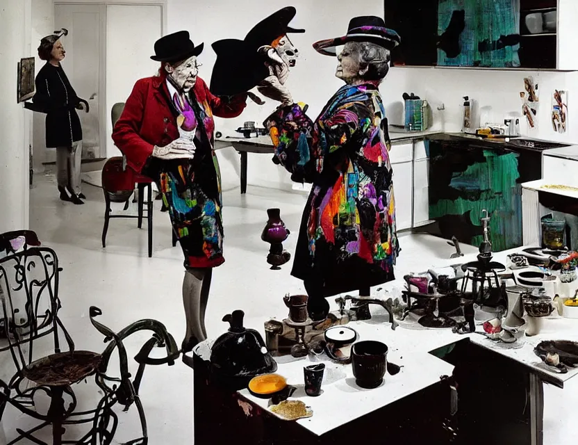 Prompt: a colorful installation artwork of a old and strange dusty professor in black suite and hat and a old woman making a study of drinking 1 0 cups of black coffee in 5 seconds in a kitchen that is melting, styled by jean tinguely and niki de saint phalle