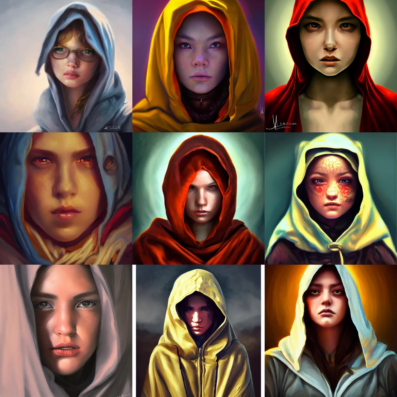 Prompt: hooded girl, oil painting, portrait, intricate complexity, rule of thirds, face by Artgerm, character concept, dramatic lighting, complementary colors