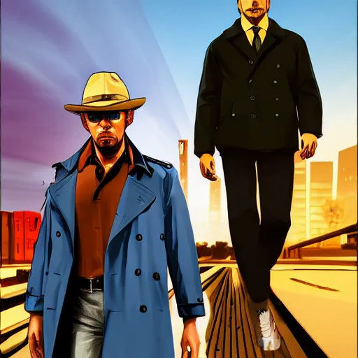 Prompt: man in a blue trench coat and a fedora, gta cover art