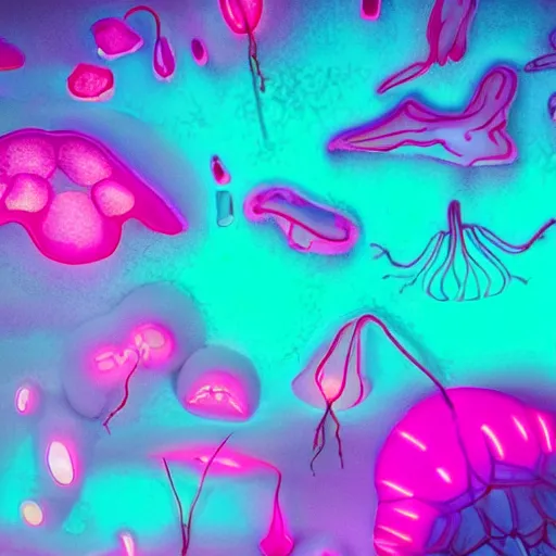 Image similar to neon fungi glowing with pink and cyan colors, emitting spores, midnight, fantasy, hyperrealistic, detailed, soft lighting, fireflies