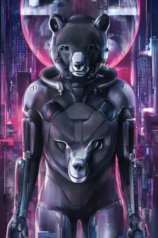 Image similar to Ghost in the shell 2017, cybernetic, android asian black bear, half robot half bear, future tech bear mask, hyperrealist highly intricate, 8K