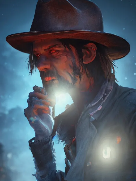 Image similar to beautiful painting of a cowboy vampire gang 8k ultra realistic , lens flare, atmosphere, glow, detailed,intricate, full of colour, cinematic lighting, trending on artstation, 4k, hyperrealistic, focused, extreme details,unreal engine 5, cinematic, masterpiece