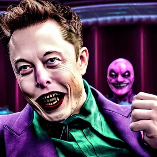 Prompt: film still of Elon Musk as joker in the new Joker movie