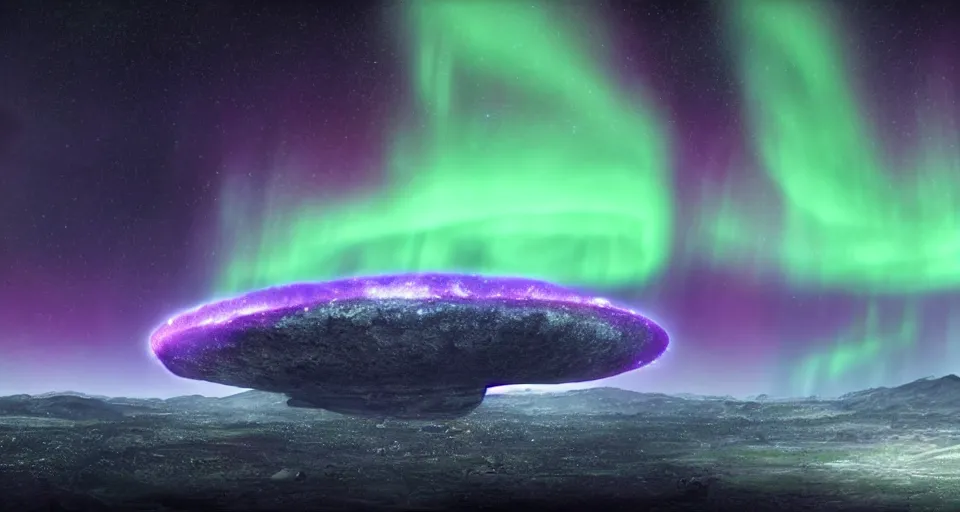 Image similar to screenshot from the new sci - fi film directed by denis villeneuve 4 k. cinema. close orbital of a new alien world nested within an asteroid belt nebula. purple and green lightning aurora upon it's surface.