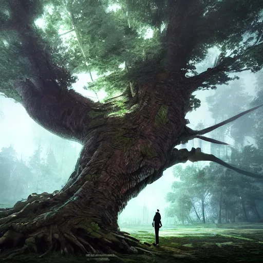 Prompt: 3 d render inspired art by greg rutkowski of a giant tree in magical forest