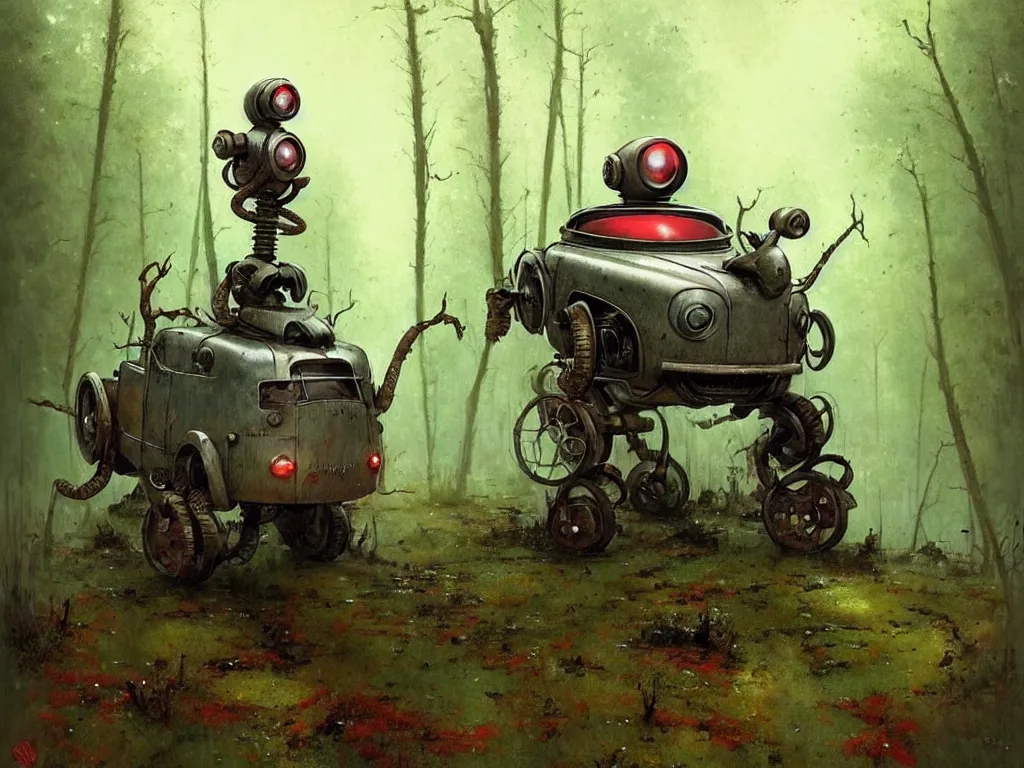 Prompt: adventurer ( ( ( ( ( 1 9 5 0 s retro future robot vehical in the forrest. muted colors. swamps ) ) ) ) ) by jean baptiste monge!!!!!!!!!!!!!!!!!!!!!!!!! chrome red