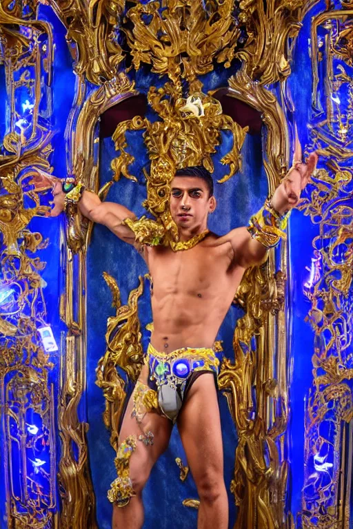 Prompt: full-body sculpture of a young handsome Colombiano prince sin camisa as a half cibernetic android with a glowing blue battery in his chest, white laser beam coming out of his eyes, crown of giant diamonds, flowing neon-colored silk, fabric, raptors, in a cyperbunk and baroque style. baroque elements. full-length view. baroque element. intricate artwork by caravaggio. many many birds birds on background. Trending on artstation, octane render, cinematic lighting from the right, hyper realism, octane render, 8k, depth of field, 3D