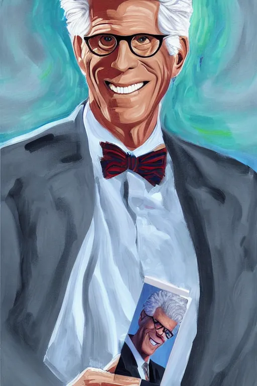 Image similar to a painting of ted danson in the good place, art by diego fazio