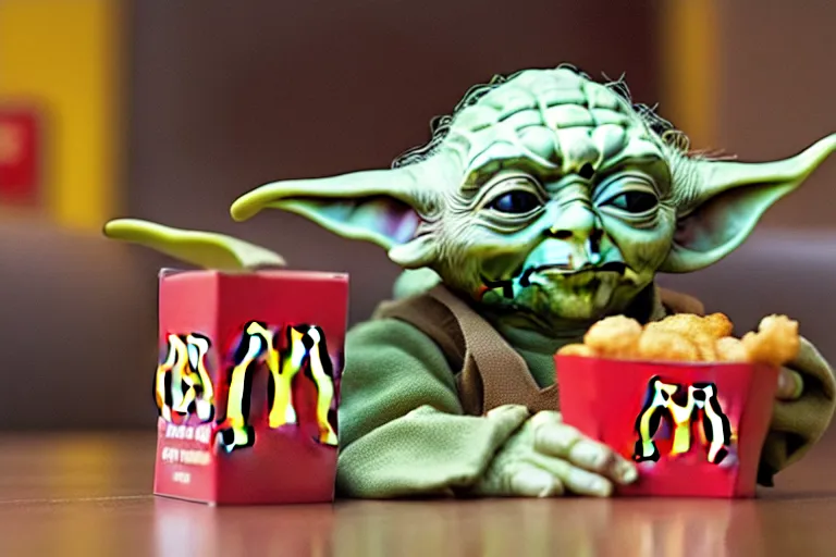 Prompt: yoda, annoyed, yoda sitting behind a table inside mcdonald's, small red cardboard box on table, yellow m logo on box, chicken mcnugget, 3 5 mm, f / 2. 8