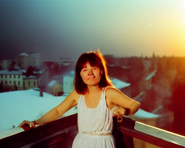 Image similar to lomo photo of pair standing on small hrushevka balcony full with cigarette smoke in small russian town looking at sunset, cinestill, bokeh