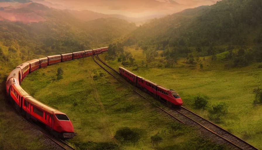 Prompt: panorama train driving through valley, green hills, matte painting, artstation, sunrise, blue sky