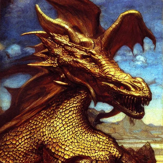 Prompt: draconic chimera gold scales divine wrath fierce fury chimera (gorgeous) by John William Waterhouse, oil painting award winning, chromatic aberration sharp colors