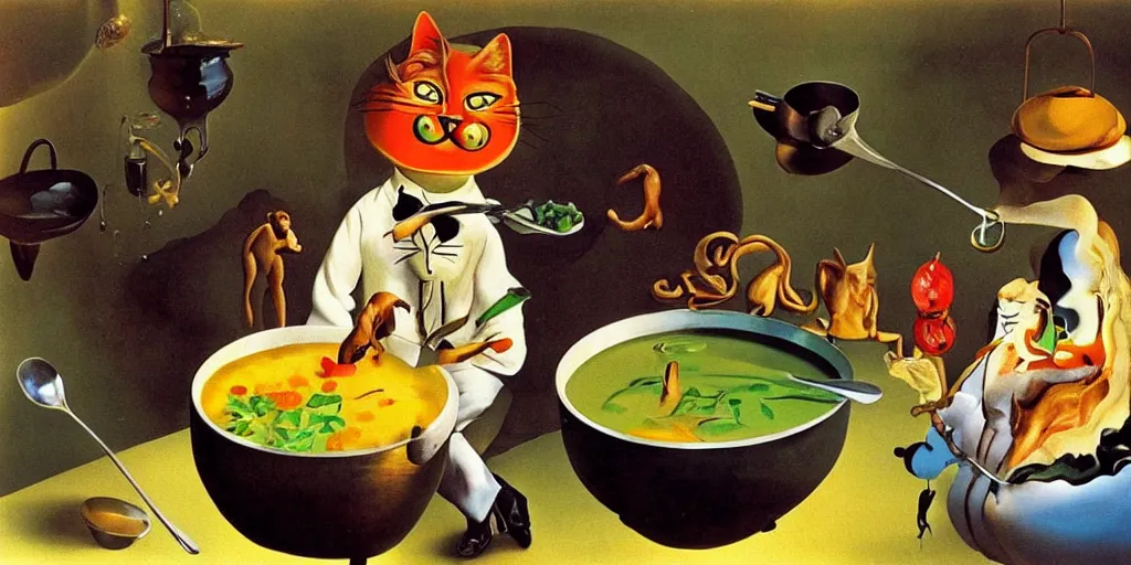 Image similar to anthropomorphic cat chef cooking a delicious colorful soup, by Salvador Dali