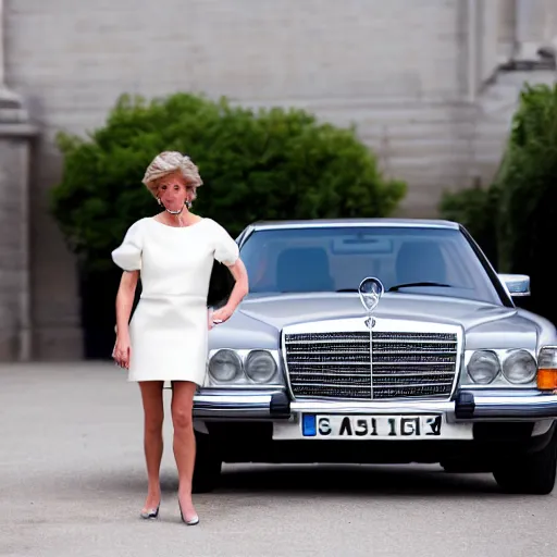 Image similar to award winning photograph of Princess Diana next to a silver Mercedes-Benz W140, Nikon D810, Sigma 35mm ƒ/2.5, award-winning, beautiful, photorealistic, detailed, portrait,