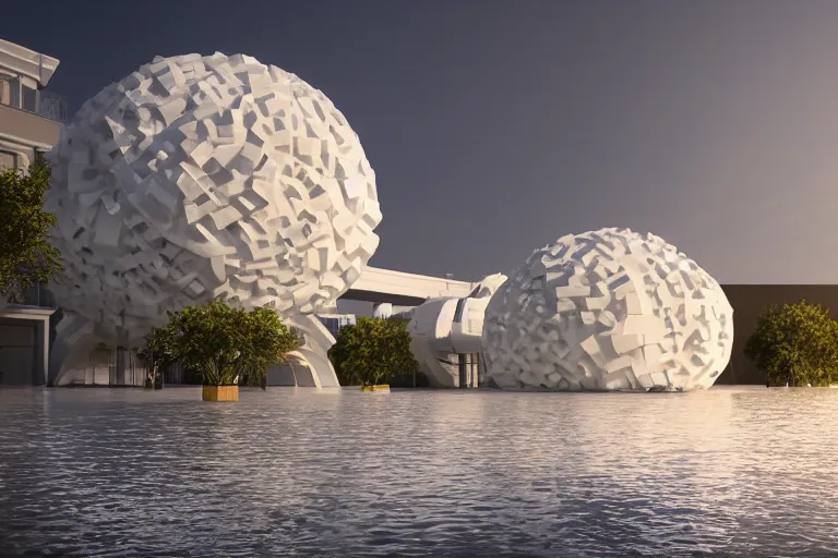 Prompt: many white round spherical buildings are combined to form a building, it depends on each other to form a modern science fiction building ， by pierre bernard, on the calm lake, people's perspective, future, interior wood, marble, award winning, highly detailed 4 k art, dusk, unreal engine highly rendered, global illumination, radial light, internal environment