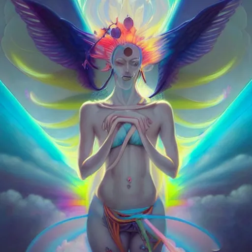 Image similar to psychedelic angelic celestial being artwork of peter mohrbacher, ayahuasca, energy body, sacred geometry, esoteric art, rainbow colors, realist, abstract and surreal art styles with anime and cartoon influences divinity